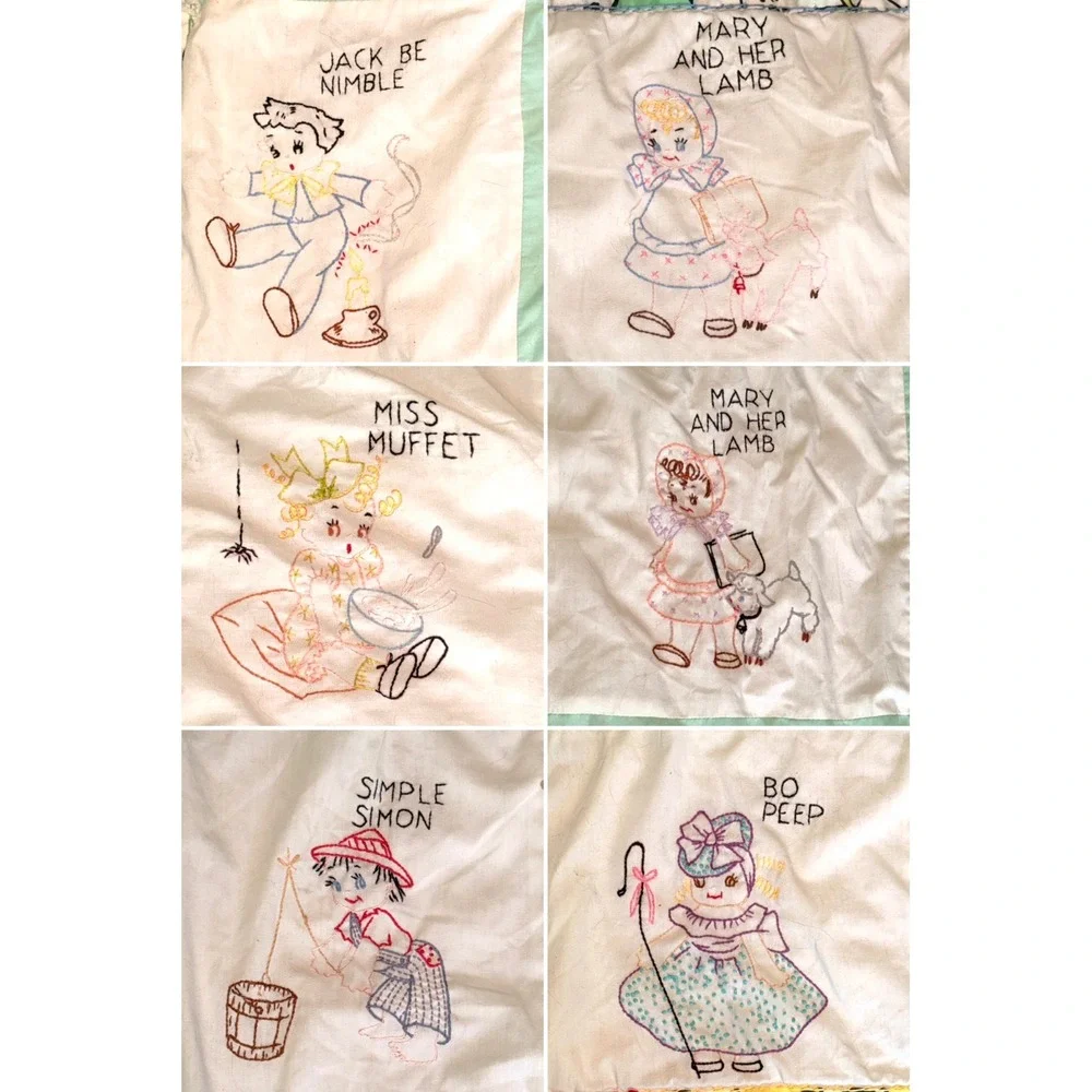 Vtg Nursery Rhyme Embroidered Quilt Reversible 101 Dalmatians Baby Blanket